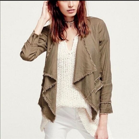 Free People Green Brown Open Waterfall Raw Hem Linen Blend Jacket size Medium - Picture 1 of 11